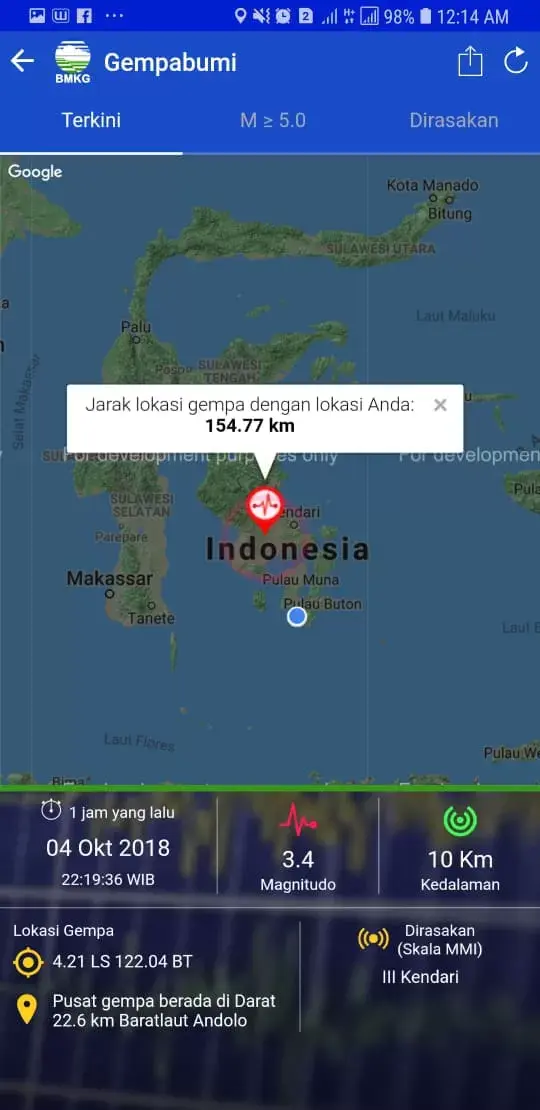 Gempa Bumi Berkekuatan 3,8 SR Mengguncang Kendari