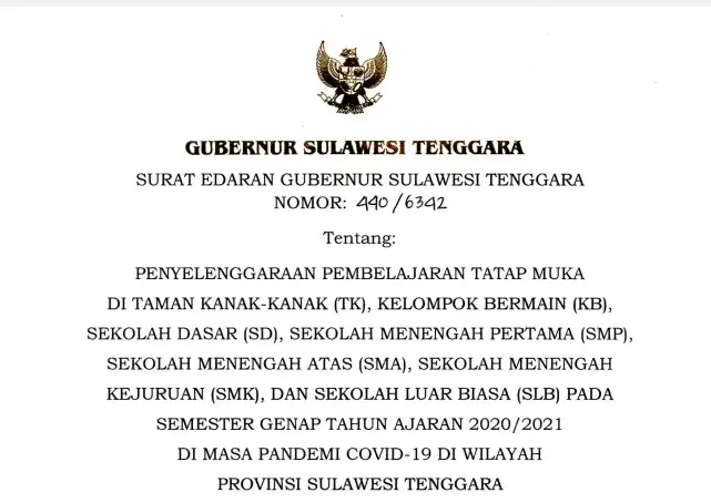 Gubernur Sultra Izinkan Pembelajaran Tatap Muka Mulai Januari 2021
