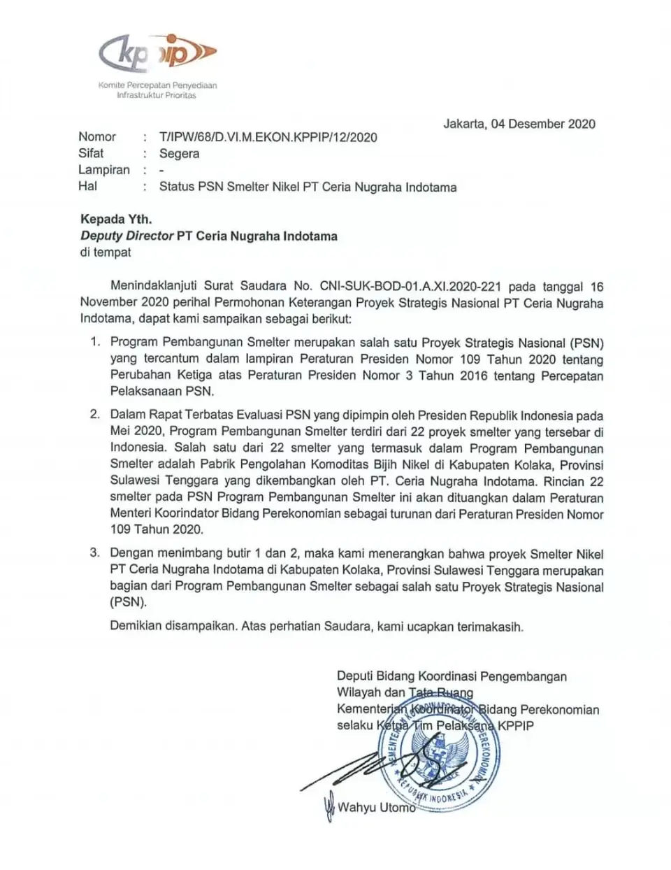 Masuk Proyek Strategis Nasional, Penyelesaian Smelter CNI di Kolaka Dipercepat