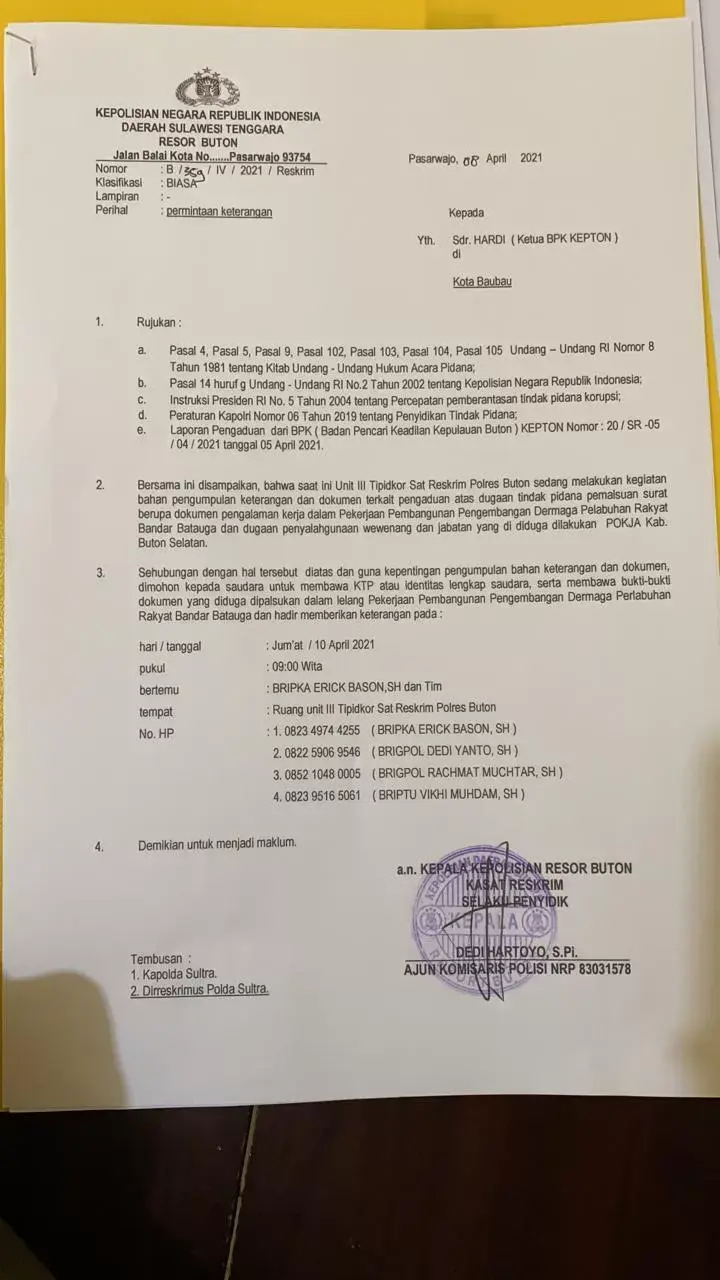 Proyek Gagal? Kadishub Busel: Sementara Proses Lelang. Polres Buton Garap Laporan Dugaan Pemalsuan Dokumen