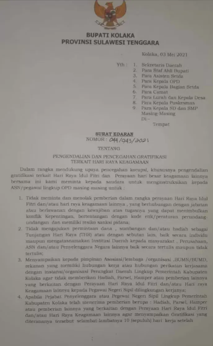 Keluarkan Edaran, Bupati Kolaka Larang ASN Terima Parcel