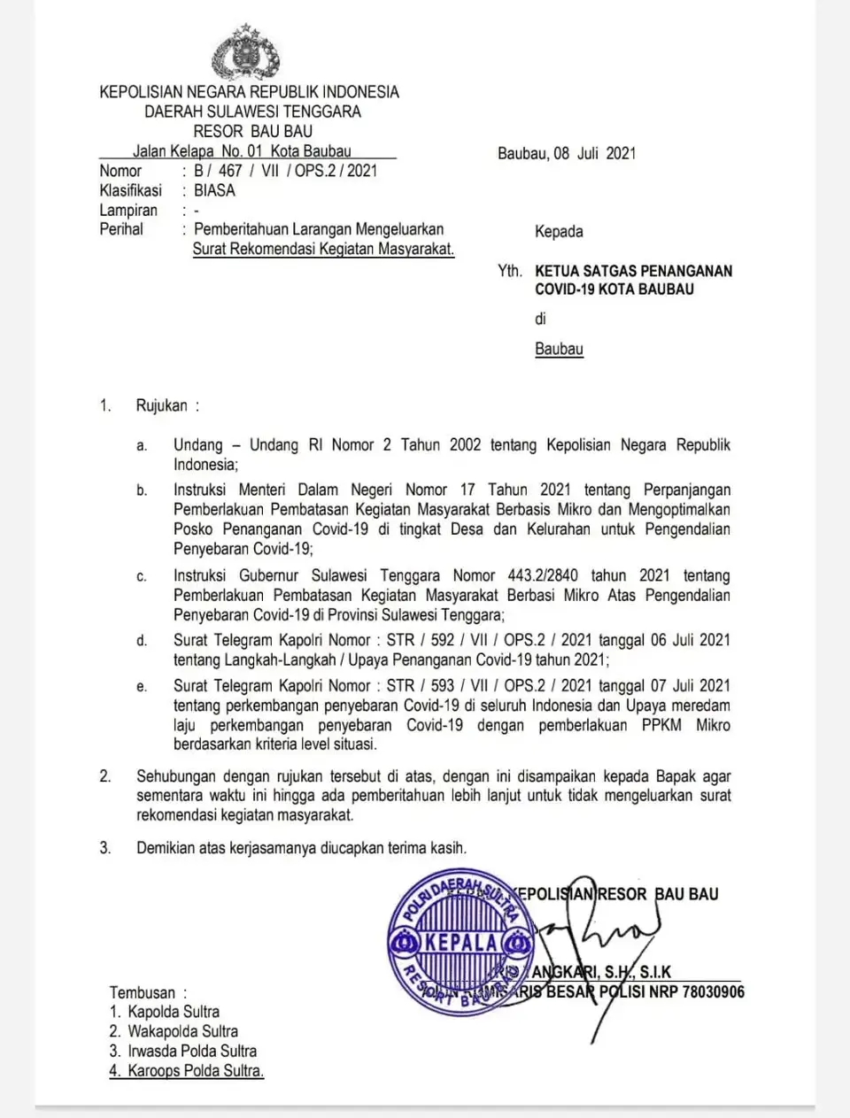 PPKM Mikro, Polres Baubau Larang Surat Rekomendasi Kegiatan Masyarakat