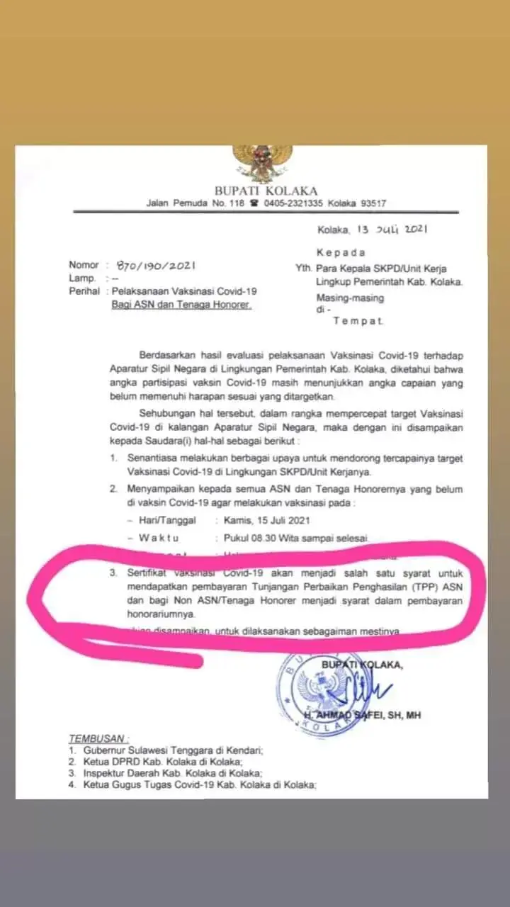 Belum Divaksin Covid-19, ASN Pemda Kolaka Tidak Terima TPP