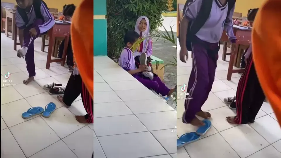 Viral di Sosmed, Dua Pelajar SD di Baubau Bergantian Pakai Sepatu ke Sekolah