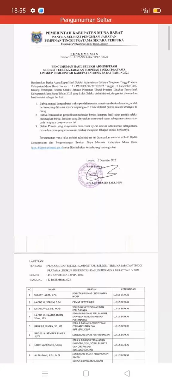 Pemkab Mubar Umumkan Nilai Peserta Lelang Jabatan Eselon II, Al Rahman Tertinggi