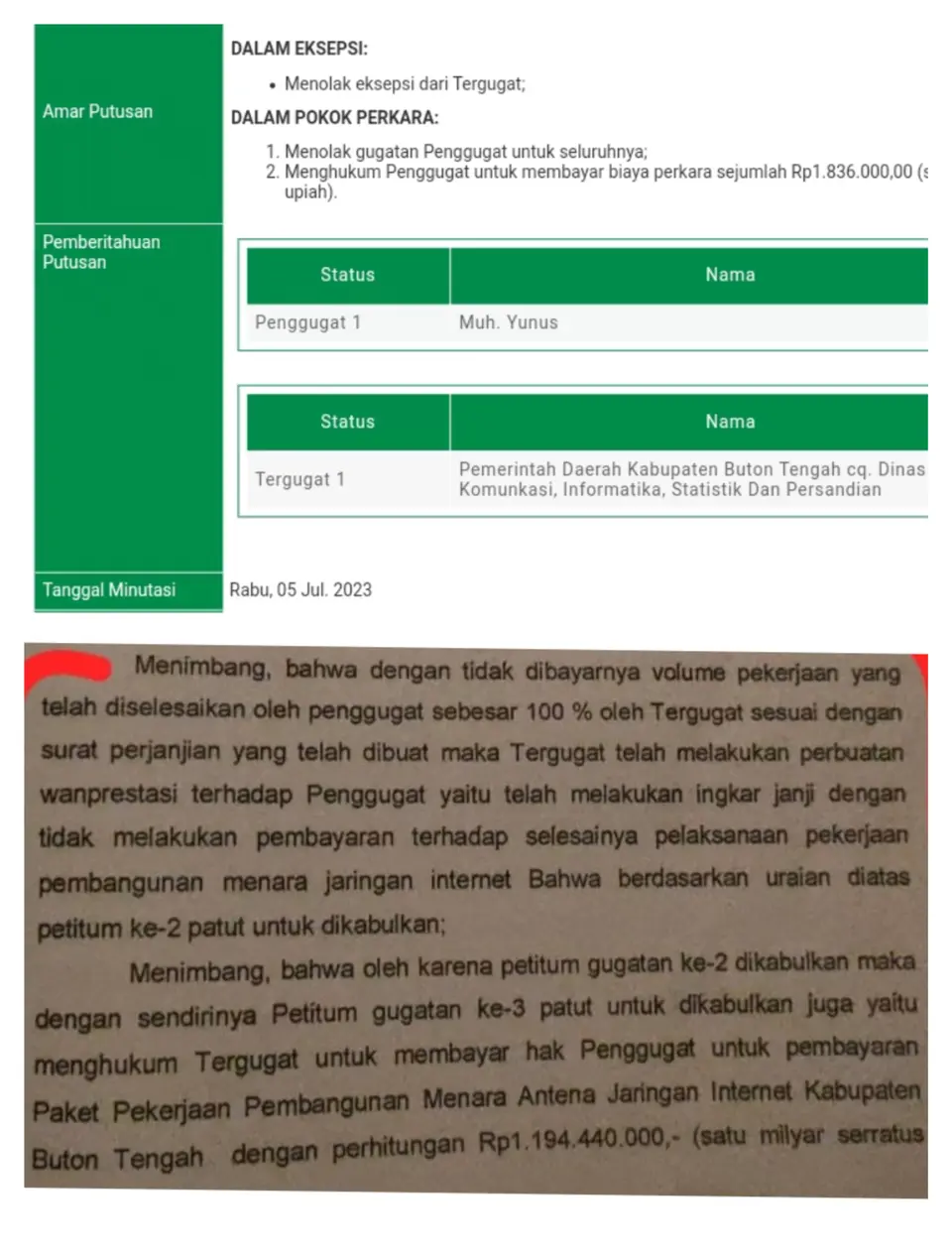 Majelis Hakim Dissenting Opinion, Buruh Proyek Menara Internet Buteng Merintih