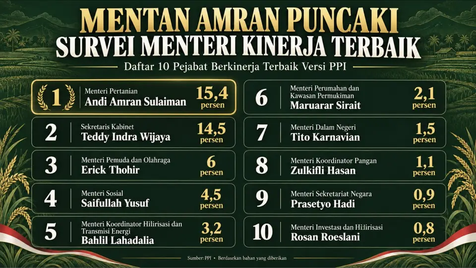 Survei PPI: Mentan Amran dan SeskabTeddy Teratas, Menpora Erick Thohir Urutan Ketiga